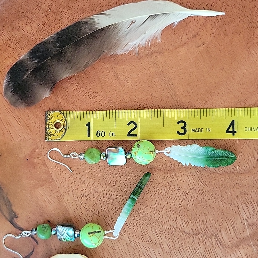 Southwestern Green Turquoise Abalone Shell Acrylic Feather Earrings Boho Western - Picture 5 of 5